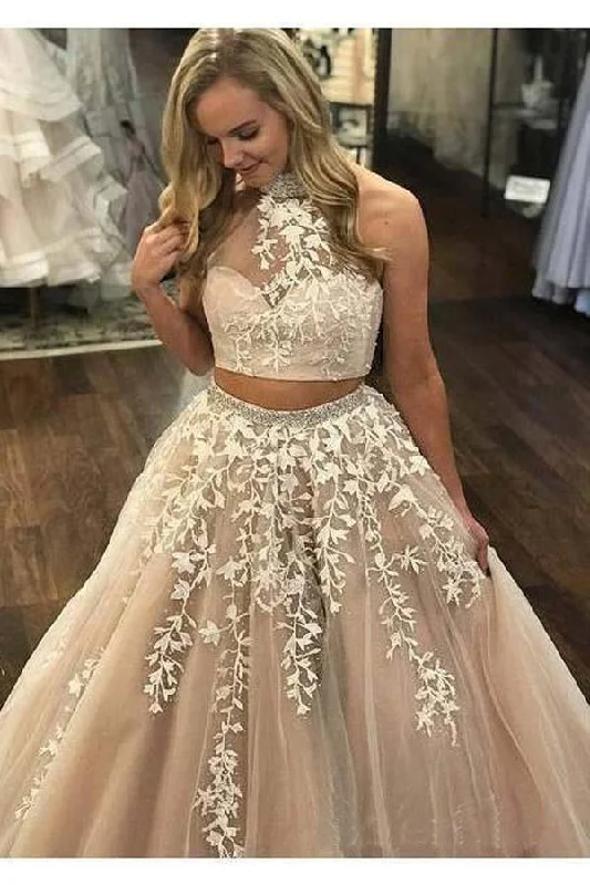 Velvet party dresses in rich jewel tones for a sophisticated appearanceLace Appliquéd Two Piece Prom Dresses Long Halter Ball Gowns PG727 Velvet party dresses in rich jewel tones for a sophisticated appearanceLace Appliquéd Two Piece Prom Dresses Long Halter Ball Gowns PG727