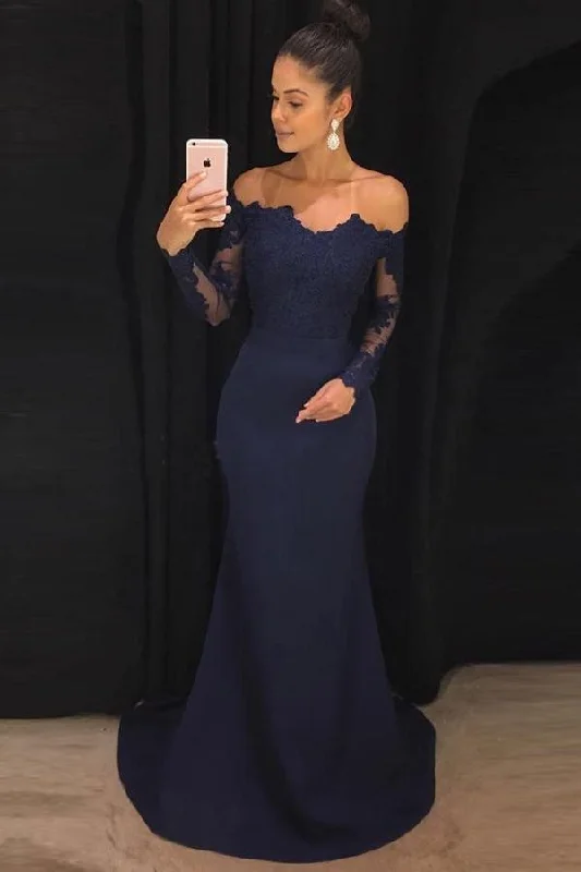 Evening party dresses with a long train for a dramatic entranceMermaid Navy Blue Off The Shoulder Long Prom Dresses with Long Sleeves PG723 Evening party dresses with a long train for a dramatic entranceMermaid Navy Blue Off The Shoulder Long Prom Dresses with Long Sleeves PG723