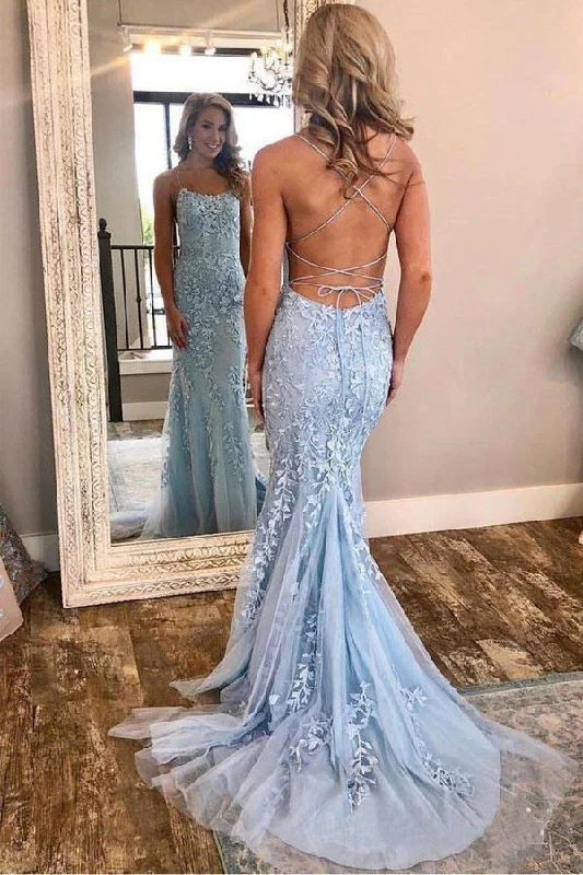 Tea - length party dresses for a sophisticated and versatile optionMermaid Spaghetti Straps Criss Cross Light Blue Long Prom Dress PG721 Tea - length party dresses for a sophisticated and versatile optionMermaid Spaghetti Straps Criss Cross Light Blue Long Prom Dress PG721