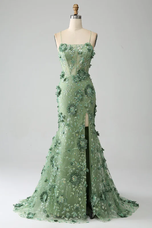 Formal dresses with tiered lace skirts and off - the - shoulder necklines for a feminine and elegant formal appearanceMermaid Spaghetti Straps Green Corset Prom Dress with Appliques