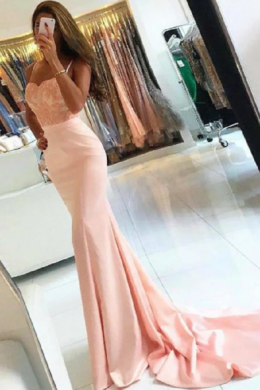 Ball gown party dresses with a full skirt for a princess - like lookMermaid Spaghetti Straps Sweep Train Pink Stretch Satin Prom Dress PG725 Ball gown party dresses with a full skirt for a princess - like lookMermaid Spaghetti Straps Sweep Train Pink Stretch Satin Prom Dress PG725