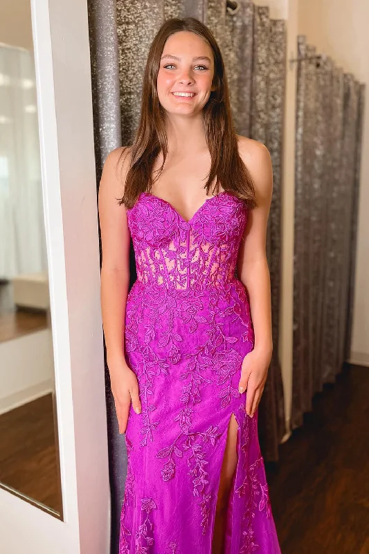 Formal dresses with pleated bodices and taffeta fabric for a traditional lookMermaid Sweetheart Fuchsia Corset Prom Dress with Appliques Formal dresses with pleated bodices and taffeta fabric for a traditional lookMermaid Sweetheart Fuchsia Corset Prom Dress with Appliques