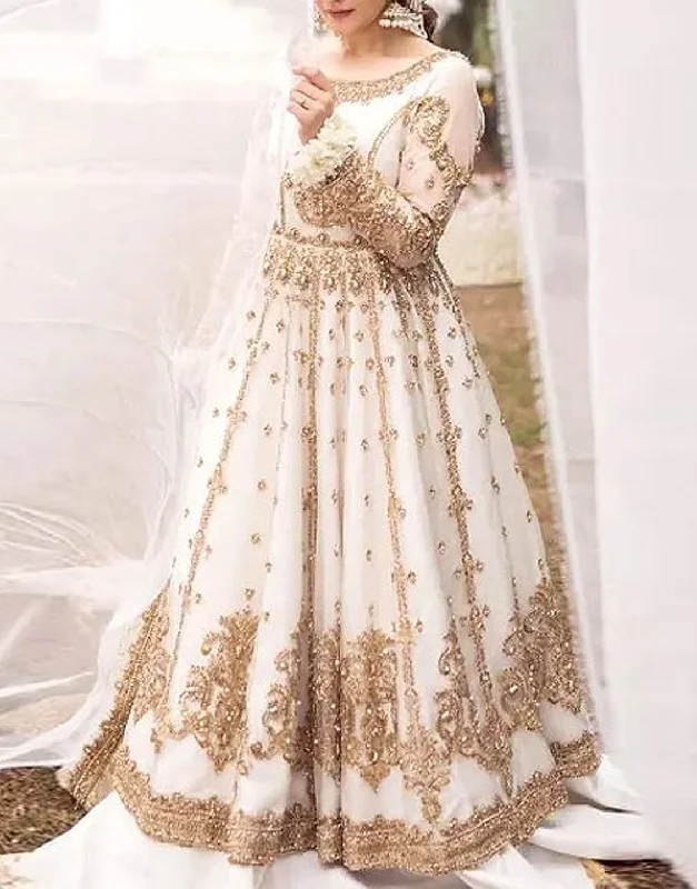 Party dresses with a pom - pom trim for a fun and festive touchEmbroidered & Mirror Work White Net Bridal Maxi Dress (DZ14230) Party dresses with a pom - pom trim for a fun and festive touchEmbroidered & Mirror Work White Net Bridal Maxi Dress (DZ14230)