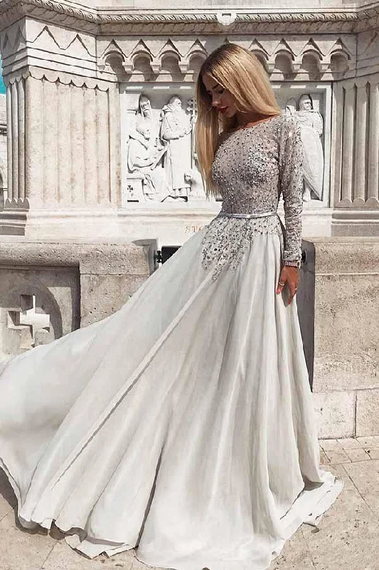 Tulle party dresses with a fairy - tale charm for formal occasionsGrey Long Sleeves Backless Chiffon Prom Evening Dress with Beading PG739 Tulle party dresses with a fairy - tale charm for formal occasionsGrey Long Sleeves Backless Chiffon Prom Evening Dress with Beading PG739