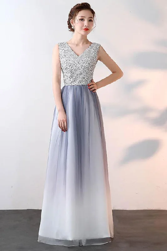 A-line V Neck Tulle Prom Dress Evening Dress With Sequin PG628