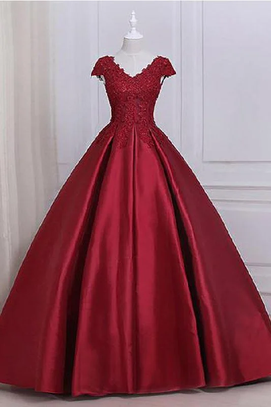 Ball Gown Cap Sleeves Red Lace A line Long Evening Prom Dresses PG584