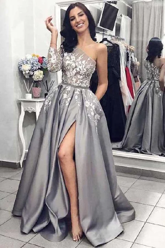 Party dresses with a geometric pattern for a contemporary lookOne Shoulder Long Sleeves Grey Satin Split Prom Dresses with Pockets PG752 Party dresses with a geometric pattern for a contemporary lookOne Shoulder Long Sleeves Grey Satin Split Prom Dresses with Pockets PG752