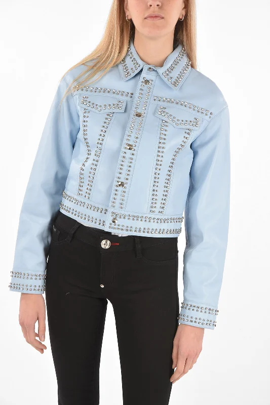 Women's longline double - breasted camel coats for a sophisticated lookPhilipp Plein COUTURE Leather Bomber Jacket CRYSTAL embellished with studs Women's longline double - breasted camel coats for a sophisticated lookPhilipp Plein COUTURE Leather Bomber Jacket CRYSTAL embellished with studs