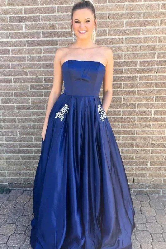 Princess Strapless Royal Blue Long Prom Dress with Pockets  PG569