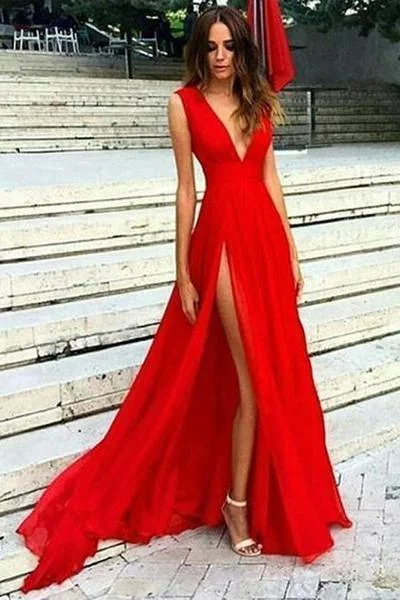 Gothic - style party dresses for a dark and mysterious lookRed Split Deep V Neck Chiffon Sexy V Back Prom Dress Evening Dress PG733 Gothic - style party dresses for a dark and mysterious lookRed Split Deep V Neck Chiffon Sexy V Back Prom Dress Evening Dress PG733