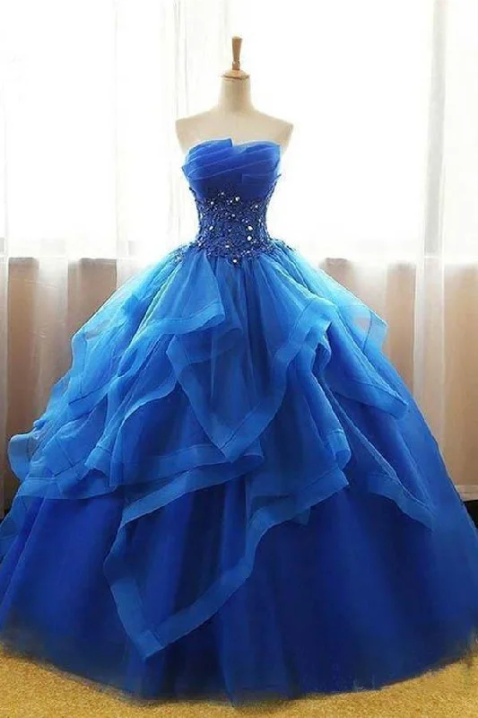 Party dresses with a jacquard pattern for a rich and detailed lookRoyal Blue Ball Gown Organza Lace Applique Prom Dresses PG714 Party dresses with a jacquard pattern for a rich and detailed lookRoyal Blue Ball Gown Organza Lace Applique Prom Dresses PG714