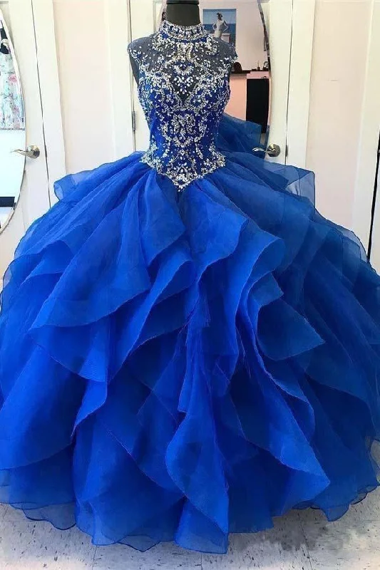 Plus - size party dresses with a flattering cut for all body typesRoyal Blue Organza High Neck Quinceanera Dresses Prom Dress PG726 Plus - size party dresses with a flattering cut for all body typesRoyal Blue Organza High Neck Quinceanera Dresses Prom Dress PG726