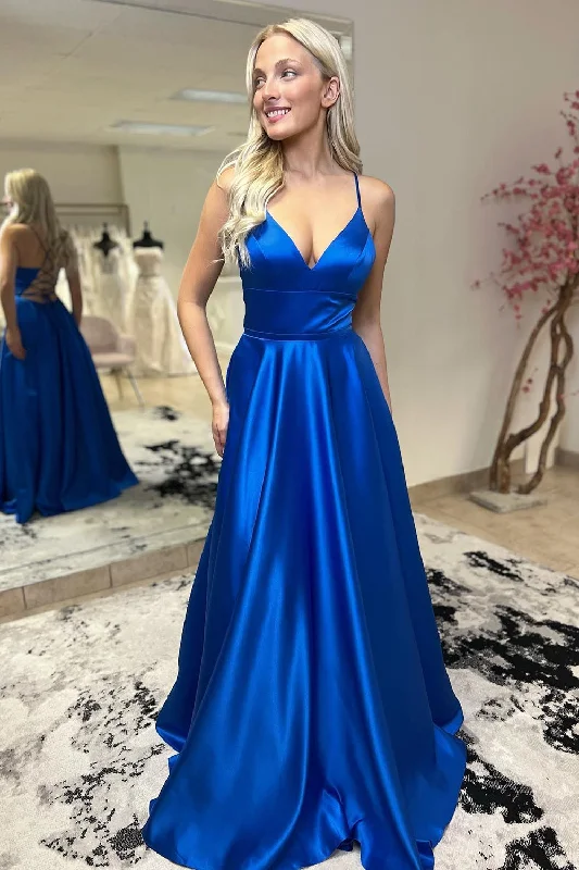 Formal dresses with pleated yokes and button - up fronts for a classic and refined lookSatin A-Line Lace-Up Back Royal Blue Long Prom Dress Formal dresses with pleated yokes and button - up fronts for a classic and refined lookSatin A-Line Lace-Up Back Royal Blue Long Prom Dress