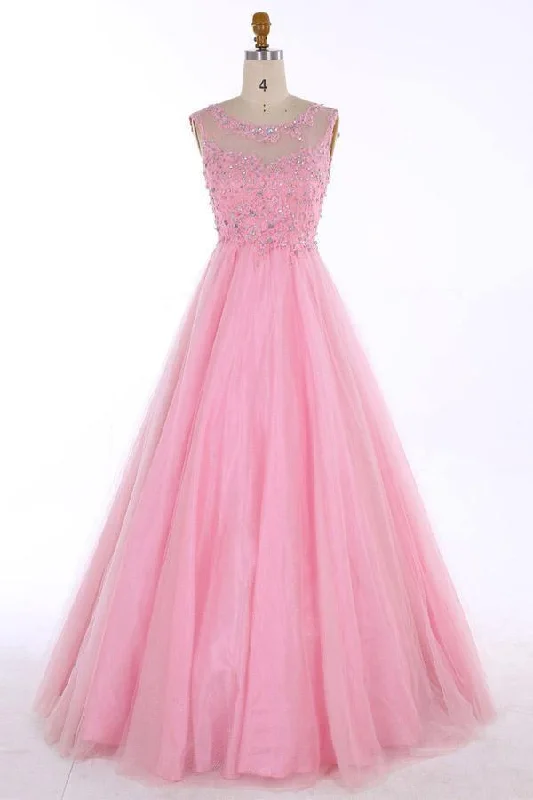 Party dresses with a cut - out design for a daring and edgy styleScoop Floor-length Backless Pink Prom Dress With Beading Appliques PG704 Party dresses with a cut - out design for a daring and edgy styleScoop Floor-length Backless Pink Prom Dress With Beading Appliques PG704