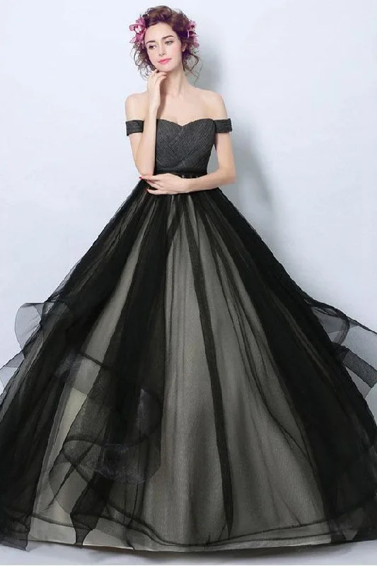 Retro - style party dresses inspired by the 1920s - 1980sSimple Black Tulle Formal Dress Ball Gown With Off Shoulder Straps PG705 Retro - style party dresses inspired by the 1920s - 1980sSimple Black Tulle Formal Dress Ball Gown With Off Shoulder Straps PG705