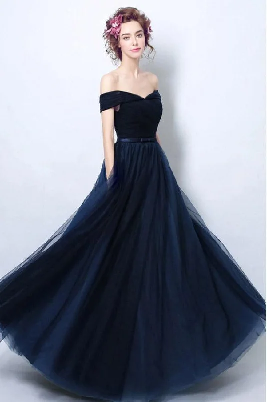 Empire - waist party dresses to accentuate the waistline​Simple Pleated Dark Navy Blue Formal Dress With Off Shoulder Straps PG706