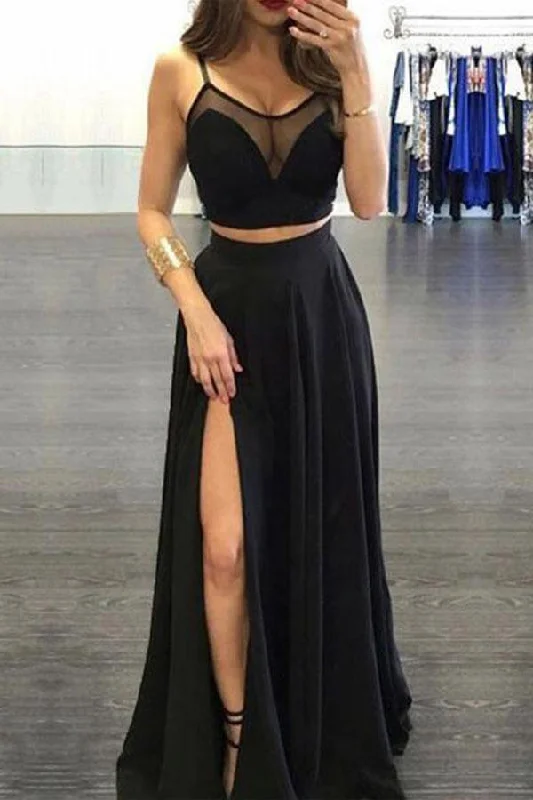 Party dresses with a ruched fabric for a textured and flattering effect​Spaghetti Straps Black Two Piece Chiffon Prom Dress With Side Slit  PG731