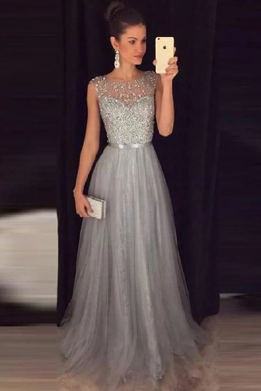 Party dresses with a polka - dot pattern for a classic and playful styleSparkly A Line Scoop Open Back Grey Beaded Long Prom Dresses PG732 Party dresses with a polka - dot pattern for a classic and playful styleSparkly A Line Scoop Open Back Grey Beaded Long Prom Dresses PG732