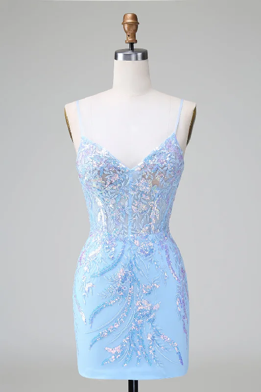 Halter - neck party dresses for a stylish and secure fitSparkly Blue Sequined Embroideries Tight Short Prom Dress Halter - neck party dresses for a stylish and secure fitSparkly Blue Sequined Embroideries Tight Short Prom Dress