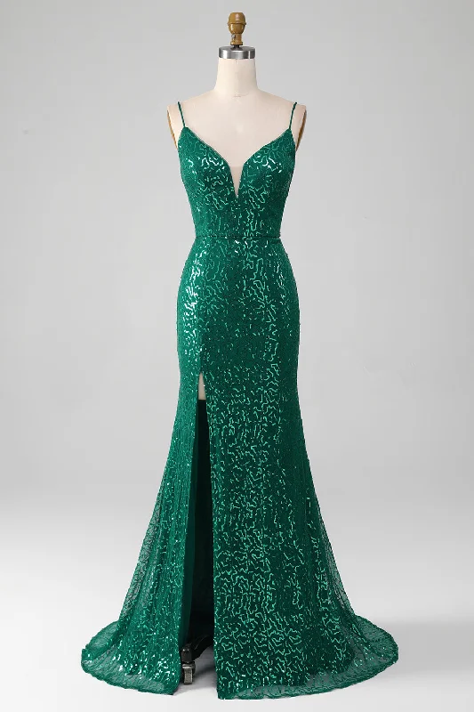 Prom dresses with cold - shoulder cutouts and satin bows for a trendy lookSparkly Dark Green Beaded Sequins Long Prom Dress with Slit Prom dresses with cold - shoulder cutouts and satin bows for a trendy lookSparkly Dark Green Beaded Sequins Long Prom Dress with Slit