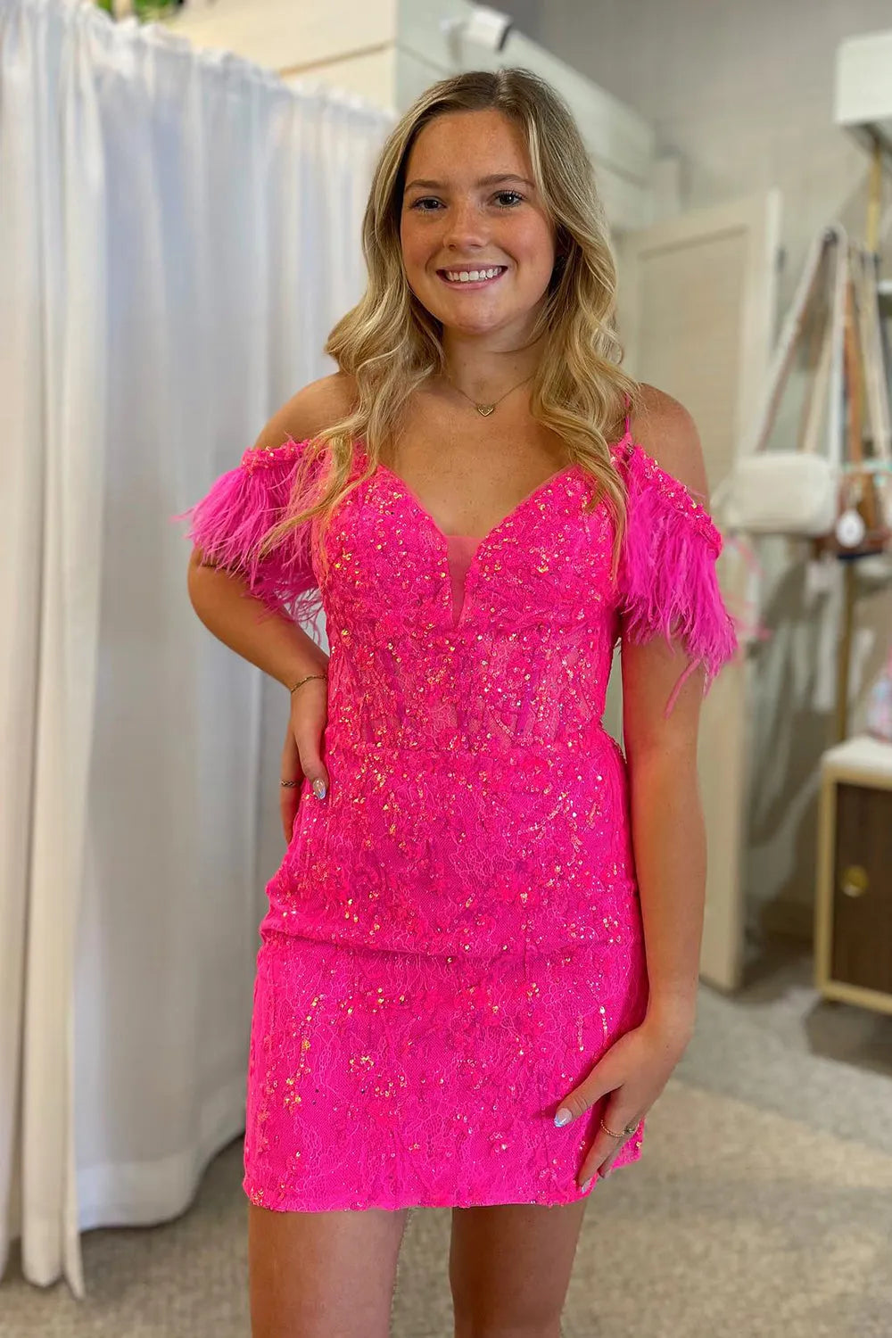 Sparkly Fuchsia Tight Short Prom Dress with Feathers