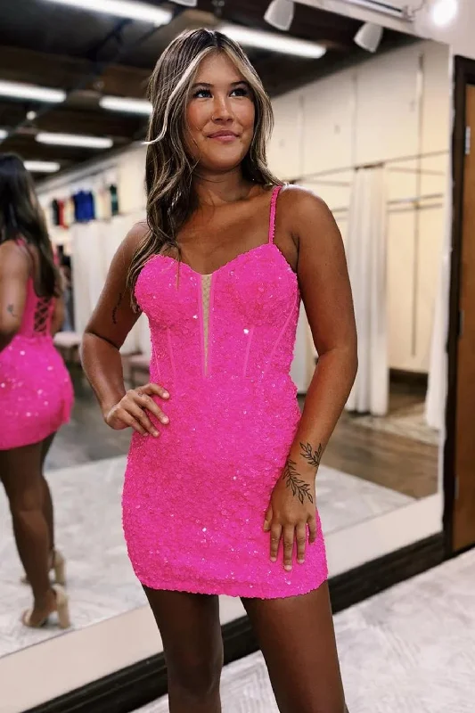 Sparkly Fuchsia Tight Spaghetti Straps Short Prom Dress