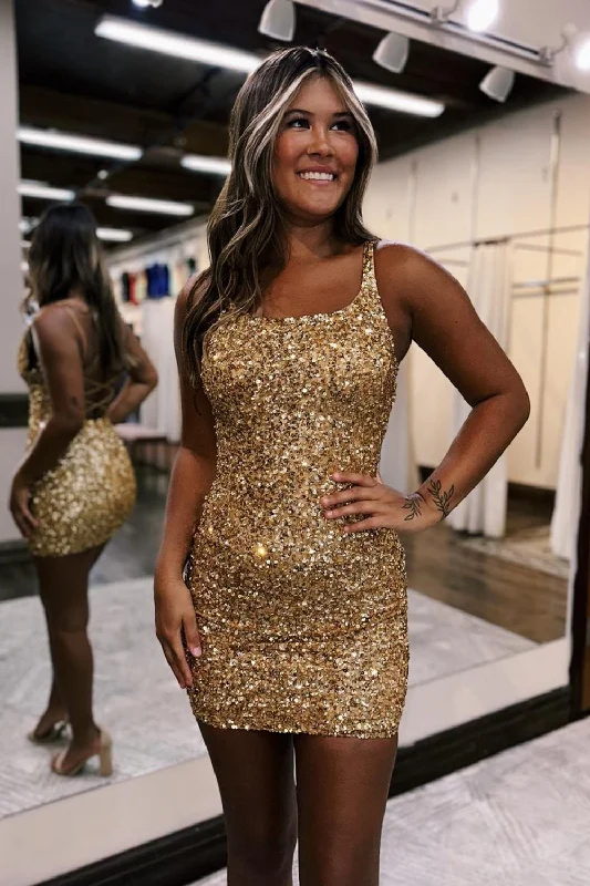 Sparkly Gold Sequins Lace-Up Bodycon Short Prom Dress