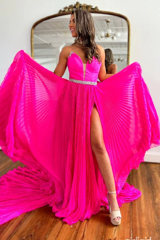 Sparkly Hot Pink Chiffon Pleated Long Prom Dress with Slit