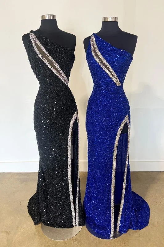 Prom dresses with pom - pom - decorated hems and cotton - blend fabrics for a playful and comfortable formal styleSparkly Mermaid One Shoulder Black Long Prom Dress with Slit Prom dresses with pom - pom - decorated hems and cotton - blend fabrics for a playful and comfortable formal styleSparkly Mermaid One Shoulder Black Long Prom Dress with Slit