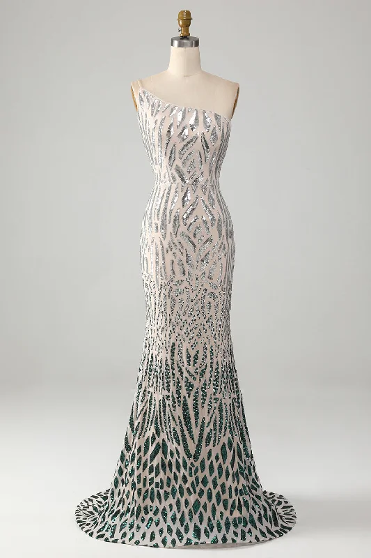 Formal dresses with ruched back panels and button - down fronts for a unique and flattering fitSparkly Mermaid One Shoulder Dark Green Sequins Long Prom Dress Formal dresses with ruched back panels and button - down fronts for a unique and flattering fitSparkly Mermaid One Shoulder Dark Green Sequins Long Prom Dress