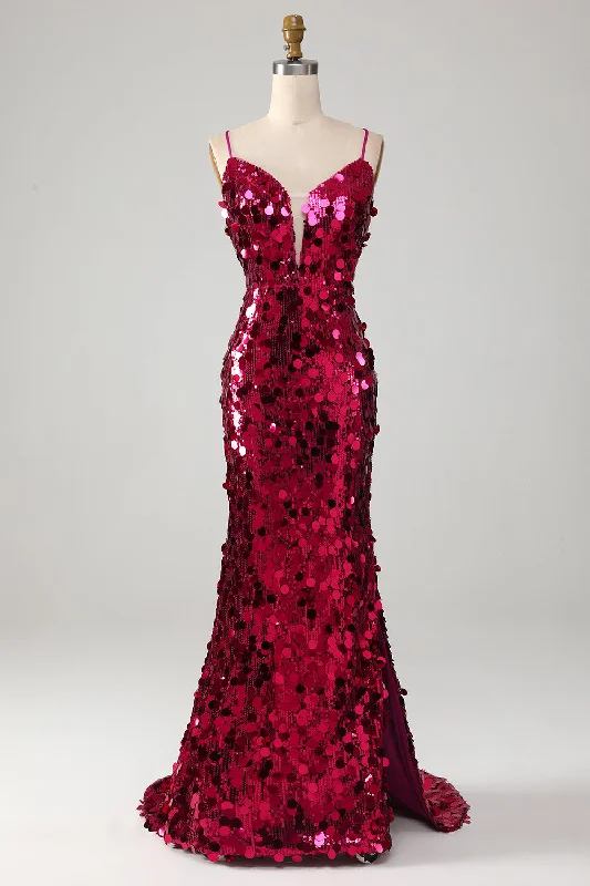 Formal dresses with side - slit pockets and beaded accents for a practical and stylish formal eventSparkly Mermaid Spaghetti Straps Fuchsia Sequins Long Prom Dress with Slit Formal dresses with side - slit pockets and beaded accents for a practical and stylish formal eventSparkly Mermaid Spaghetti Straps Fuchsia Sequins Long Prom Dress with Slit