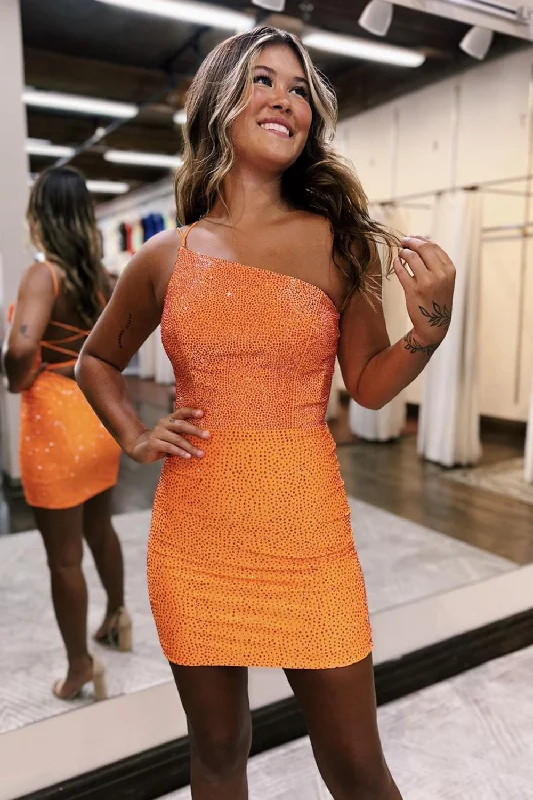 Sparkly Orange Beaded Bodycon One Shoulder Short Party Dress