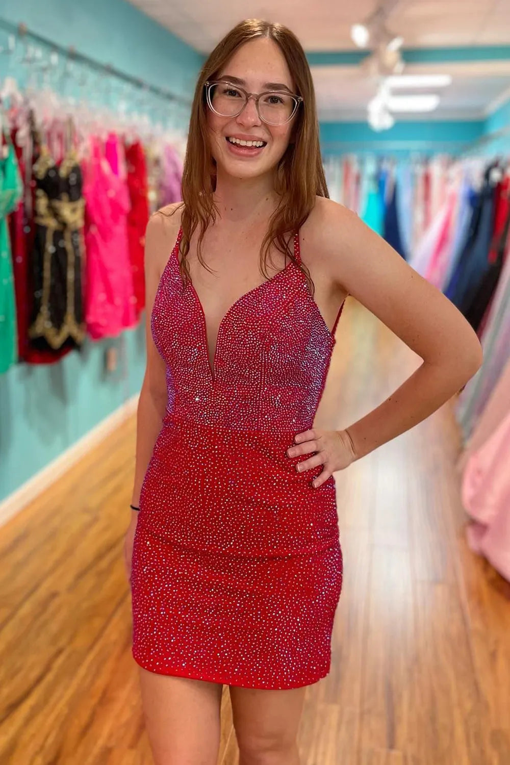 Sparkly Red Beaded Bodycon Short Party Dress