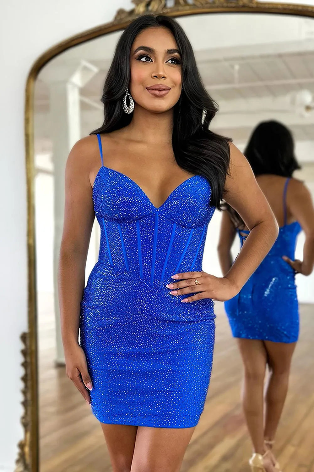 Sparkly Royal Blue Beaded Corset Bodycon Short Party Dress