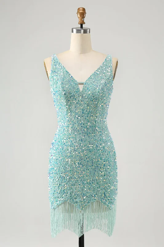 Tea - length party dresses for a sophisticated and versatile optionSparkly Sage Bodycon V Neck Short Prom Dress with Tassels Tea - length party dresses for a sophisticated and versatile optionSparkly Sage Bodycon V Neck Short Prom Dress with Tassels