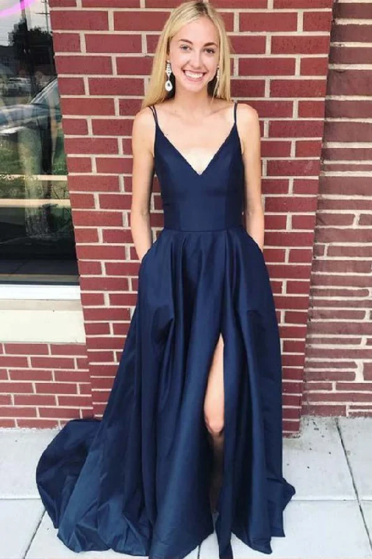 Sleeveless party dresses made of silk for a luxurious feelStraps Navy Blue Satin Long Prom Dress Evening Dress with Side Split PG711 Sleeveless party dresses made of silk for a luxurious feelStraps Navy Blue Satin Long Prom Dress Evening Dress with Side Split PG711