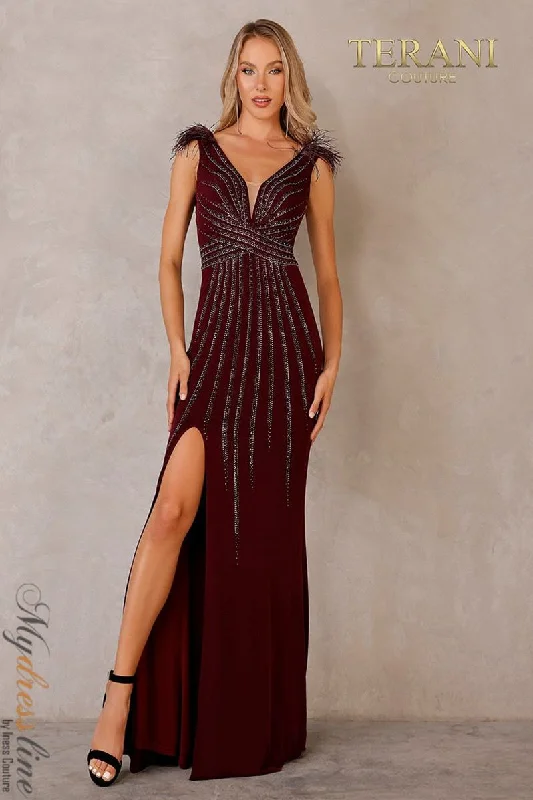 Prom dresses with one - shoulder designs and feather accents for a bold statementTerani Couture 2215P0036 Prom dresses with one - shoulder designs and feather accents for a bold statementTerani Couture 2215P0036