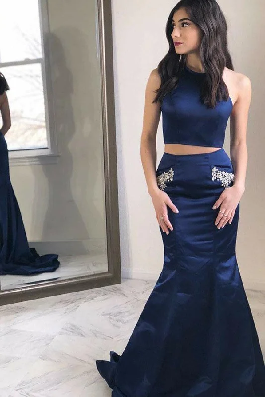 Party dresses with a paisley pattern for a bohemian - inspired lookTwo Piece Round Neck Navy Blue Satin Prom Dress with Pockets Beading PG722 Party dresses with a paisley pattern for a bohemian - inspired lookTwo Piece Round Neck Navy Blue Satin Prom Dress with Pockets Beading PG722