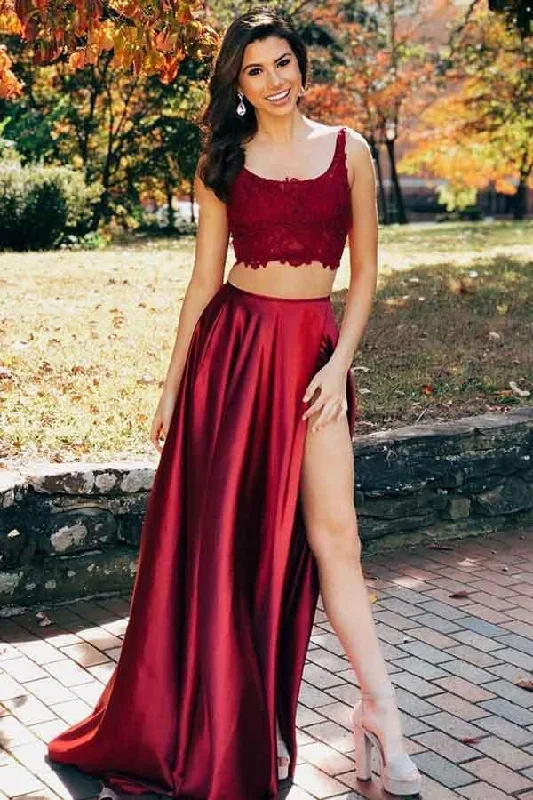 Cocktail party dresses in a classic little black dress styleTwo Pieces Scoop Sleeveless Burgundy Split Criss Cross Back Prom Dress PG745 Cocktail party dresses in a classic little black dress styleTwo Pieces Scoop Sleeveless Burgundy Split Criss Cross Back Prom Dress PG745
