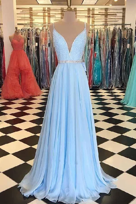 Party dresses with a paisley pattern for a bohemian - inspired lookV Neck Open Back Spaghetti Straps Light Blue Long Prom Dresses with Beading PG755 Party dresses with a paisley pattern for a bohemian - inspired lookV Neck Open Back Spaghetti Straps Light Blue Long Prom Dresses with Beading PG755