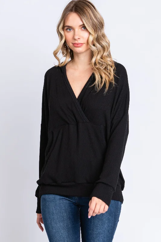 Striped Women Long Sleeve Top in a Timeless PatternBlack Ribbed Hooded Wrap Long Sleeve Top Striped Women Long Sleeve Top in a Timeless PatternBlack Ribbed Hooded Wrap Long Sleeve Top