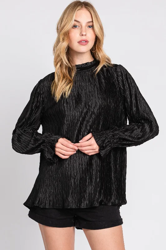 Ribbed Women Long Sleeve Top with a Textured AppealBlack Textured Mock Neck Blouse