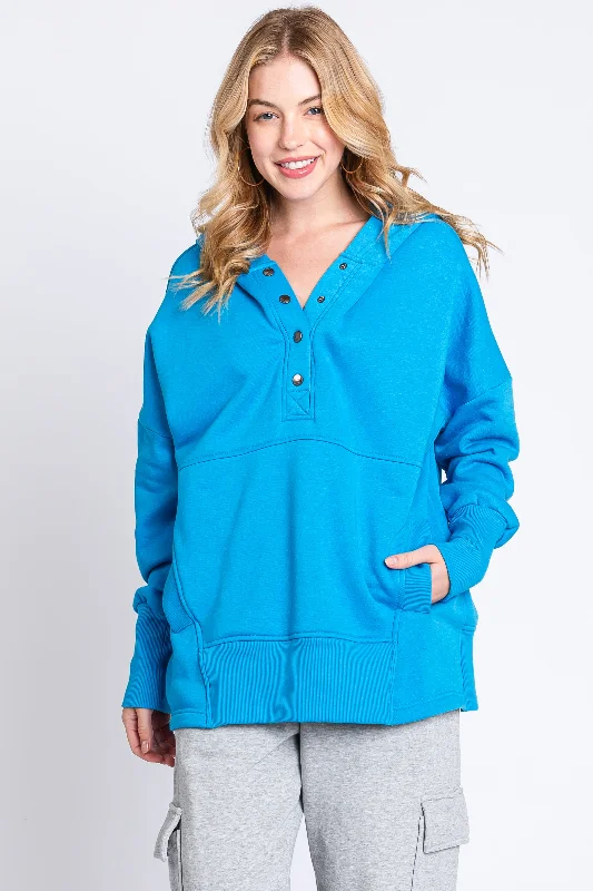 Puffer - Sleeve Women Long Sleeve Top for a Fashion - Forward LookBlue Hooded Button Pullover Sweater Puffer - Sleeve Women Long Sleeve Top for a Fashion - Forward LookBlue Hooded Button Pullover Sweater