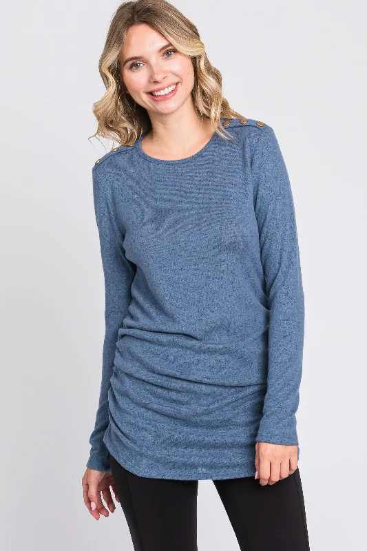 Organic Cotton Women Long Sleeve Top for Eco - Friendly ComfortBlue Soft Knit Button Shoulder Ruched Side Top Organic Cotton Women Long Sleeve Top for Eco - Friendly ComfortBlue Soft Knit Button Shoulder Ruched Side Top