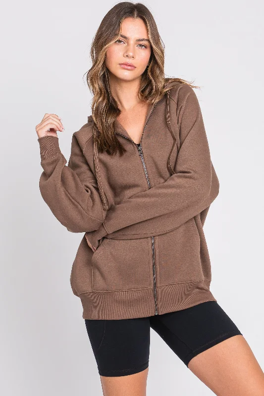 Pocket - Equipped Women Long Sleeve Top for Added FunctionalityBrown Front Zipper Hooded Sweater Pocket - Equipped Women Long Sleeve Top for Added FunctionalityBrown Front Zipper Hooded Sweater