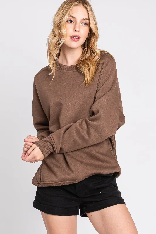 Lightweight Women Long Sleeve Top for Spring and AutumnBrown Pullover Terry Crewneck Lightweight Women Long Sleeve Top for Spring and AutumnBrown Pullover Terry Crewneck