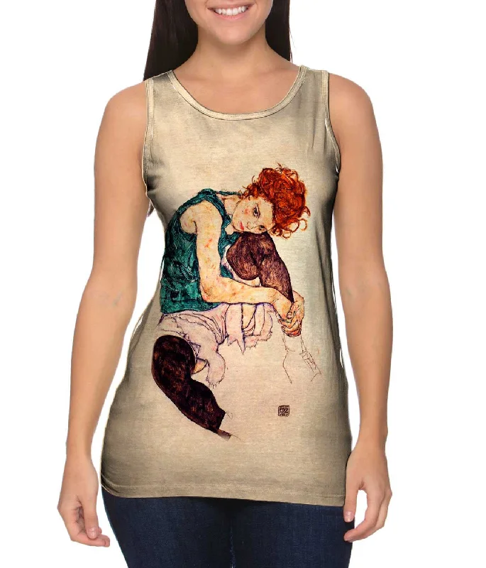 Plus Size Women's Glitter - Trimmed Tank Tops for Party NightsEgon Schiele - "Seated Woman with Bent Knee" (1917) Plus Size Women's Glitter - Trimmed Tank Tops for Party NightsEgon Schiele - "Seated Woman with Bent Knee" (1917)