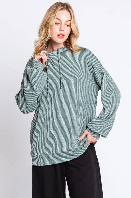 Turtleneck Women Long Sleeve Top for Cold Winter DaysLight Olive Ribbed Hooded Top
