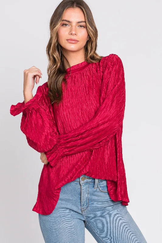 Plaid Women Long Sleeve Top for a Preppy VibeMagenta Textured Mock Neck Blouse