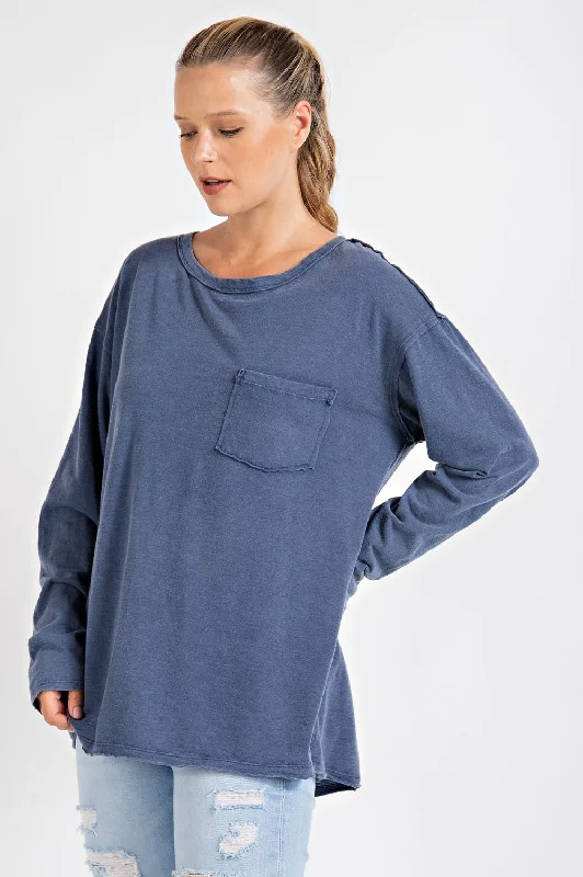 Ruffled Cuff Women Long Sleeve Top with a Feminine TouchNavy Blue Mineral Wash Front Pocket Long Sleeve Top Ruffled Cuff Women Long Sleeve Top with a Feminine TouchNavy Blue Mineral Wash Front Pocket Long Sleeve Top